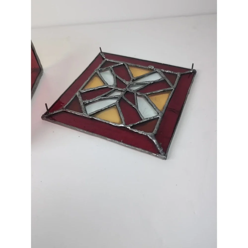 Stained Glass Trinket Box W/Top Red/Yellow Handmade Vintage Jewelry Cosmic 6X6x3